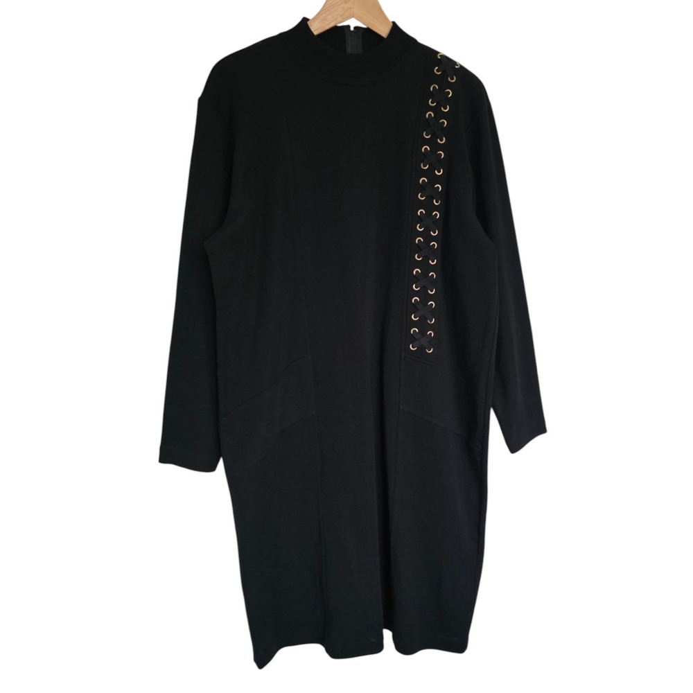 Vintage Balmoral Black Wool Blend Lace Up Sweater Dress Long Sleeve Knee Length